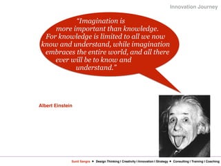 Sunil Sangra Design Thinking | Creativity | Innovation | Strategy Consulting | Training | Coaching
Innovation Journey
Albert Einstein
“Imagination is
more important than knowledge.
For knowledge is limited to all we now
know and understand, while imagination
embraces the entire world, and all there
ever will be to know and
understand.”
 