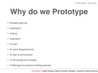 Sunil Sangra Design Thinking | Creativity | Innovation | Strategy Consulting | Training | Coaching
Innovation Journey
Why do we Prototype
• Empathy gaining
• Exploration
• Testing
• Inspiration
• To learn
• To solve disagreements
• To start a conversation
• To fail quickly and cheaply
• To Manage the solution building process
 