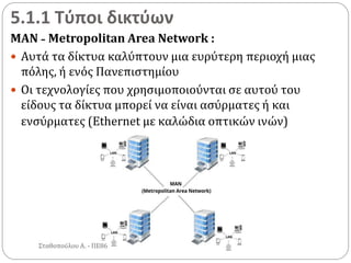 5.1.1 Τύποι δικτύων
MAN - Metropolitan Area Network :
 Αυτά τα δίκτυα καλύπτουν μια ευρύτερη περιοχή μιας
πόλης, ή ενός Πανεπιστημίου
 Οι τεχνολογίες που χρησιμοποιούνται σε αυτού του
είδους τα δίκτυα μπορεί να είναι ασύρματες ή και
ενσύρματες (Ethernet με καλώδια οπτικών ινών)
Σταθοπούλου Α. - ΠΕ86
 