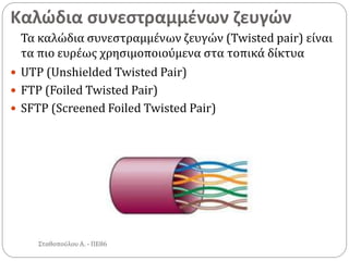 Καλώδια συνεστραμμένων ζευγών
Σταθοπούλου Α. - ΠΕ86
Τα καλώδια συνεστραμμένων ζευγών (Twisted pair) είναι
τα πιο ευρέως χρησιμοποιούμενα στα τοπικά δίκτυα
 UTP (Unshielded Twisted Pair)
 FTP (Foiled Twisted Pair)
 SFTP (Screened Foiled Twisted Pair)
 