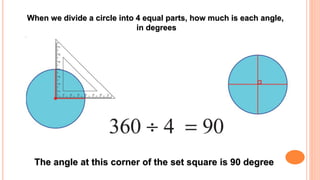 When we divide a circle into 4 equal parts, how much is each angle,
in degrees
The angle at this corner of the set square is 90 degree