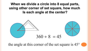 When we divide a circle into 8 equal parts,
using other corner of set square, how much
Is each angle at the center?