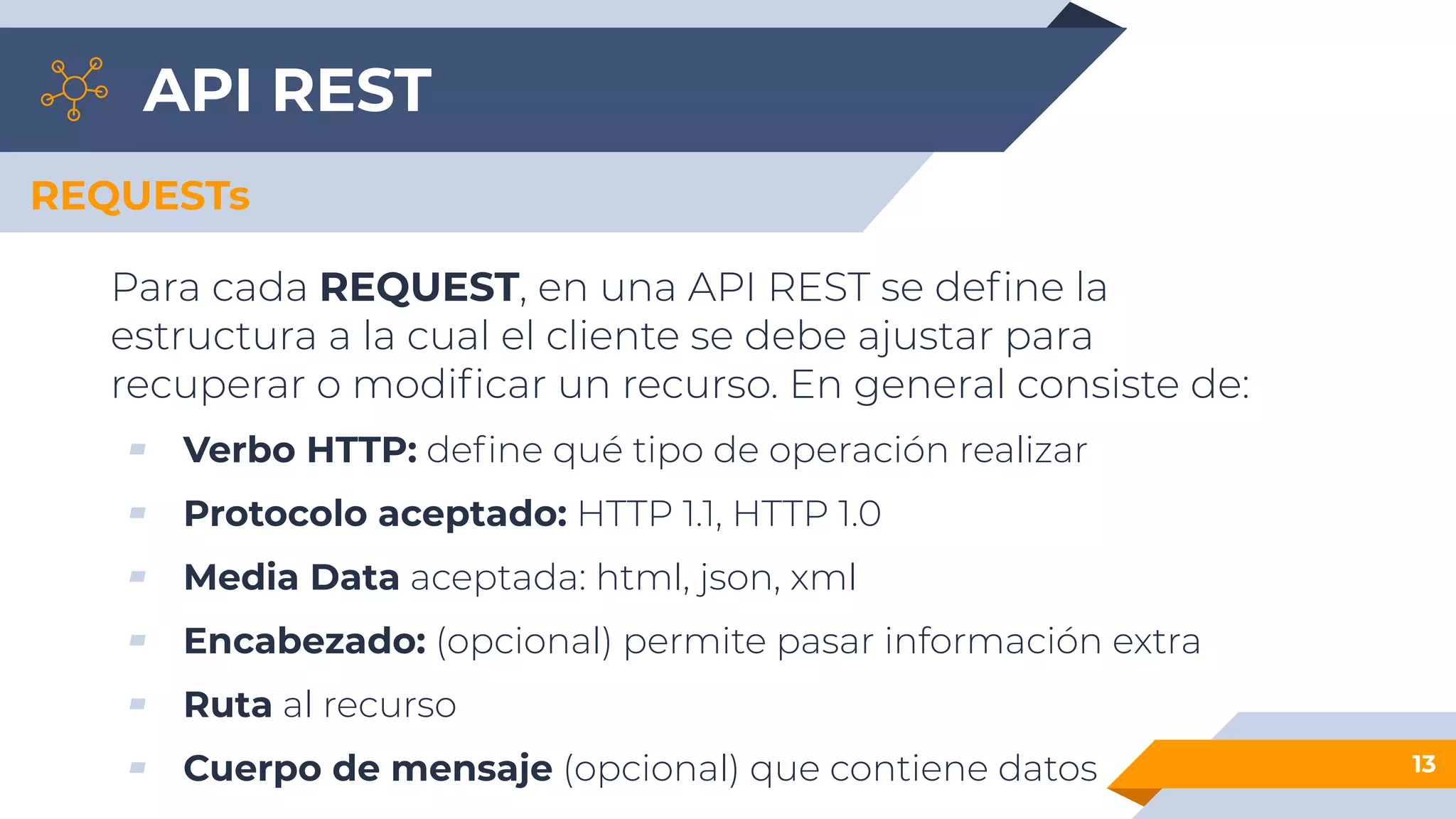 API REST
Para cada REQUEST, en una API REST se deﬁne la
estructura a la cual el cliente se debe ajustar para
recuperar o modiﬁcar un recurso. En general consiste de:
▰ Verbo HTTP: deﬁne qué tipo de operación realizar
▰ Protocolo aceptado: HTTP 1.1, HTTP 1.0
▰ Media Data aceptada: html, json, xml
▰ Encabezado: (opcional) permite pasar información extra
▰ Ruta al recurso
▰ Cuerpo de mensaje (opcional) que contiene datos 13
REQUESTs
 