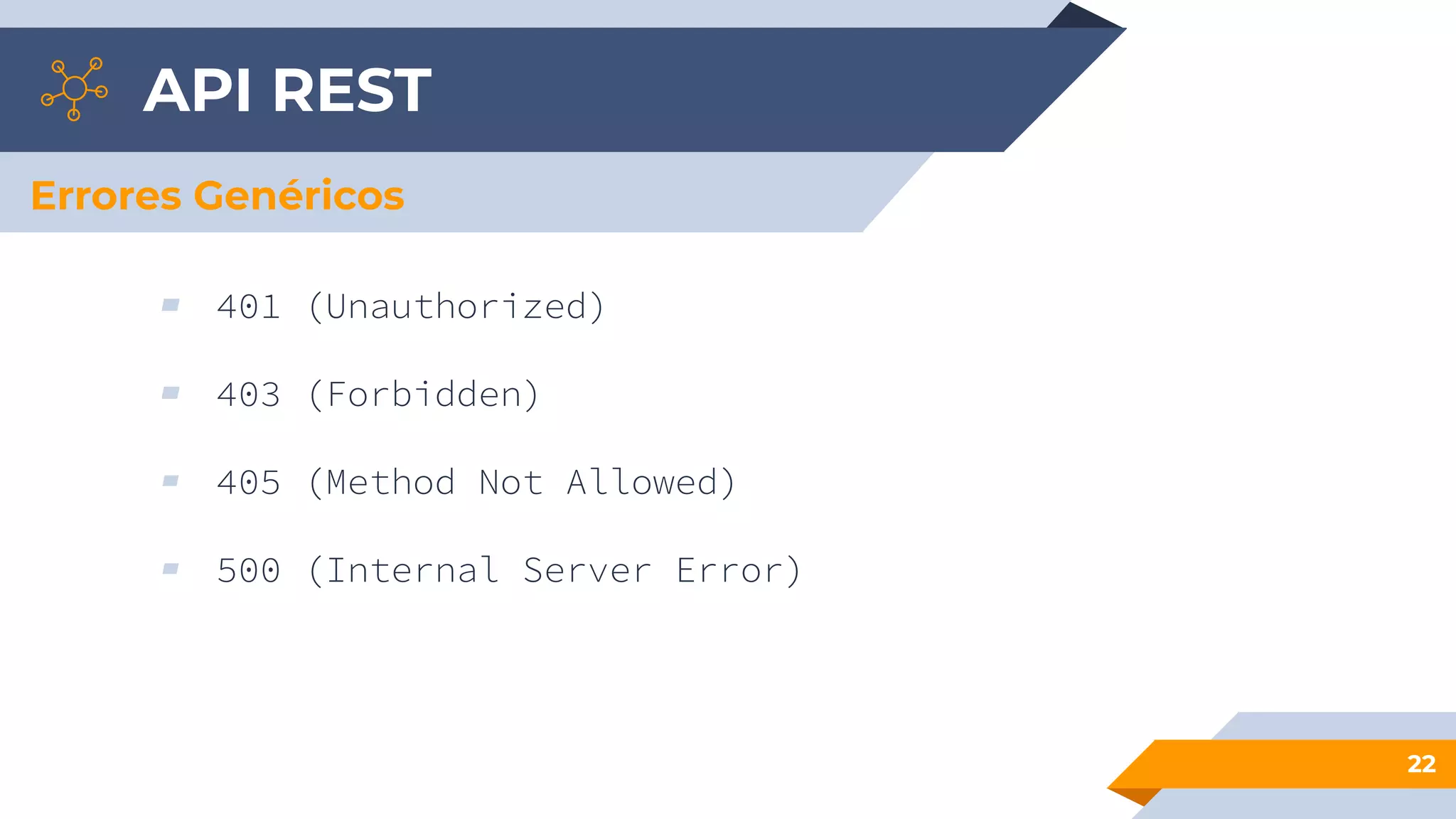 API REST
22
Errores Genéricos
▰ 401 (Unauthorized)
▰ 403 (Forbidden)
▰ 405 (Method Not Allowed)
▰ 500 (Internal Server Error)
 