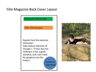 Film Magazine Back Cover Layout
Masthead (TOP FILMS)
Exclusive
Interviews
Quotes from the exclusive
interviews:
Toby Jackson (Director of
'Escape') - "It was very fun
making it, it has a good
storyline, and I can't wait
for people to see the
trailer)
Film Title (Escape)
 