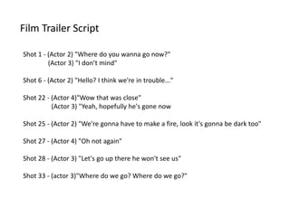 Film Trailer Script
Shot 1 - (Actor 2) "Where do you wanna go now?"
(Actor 3) "I don’t mind"
Shot 6 - (Actor 2) "Hello? I think we're in trouble..."
Shot 22 - (Actor 4)"Wow that was close"
(Actor 3) "Yeah, hopefully he's gone now
Shot 25 - (Actor 2) "We're gonna have to make a fire, look it's gonna be dark too"
Shot 27 - (Actor 4) "Oh not again"
Shot 28 - (Actor 3) "Let's go up there he won't see us"
Shot 33 - (actor 3)"Where do we go? Where do we go?"
 
