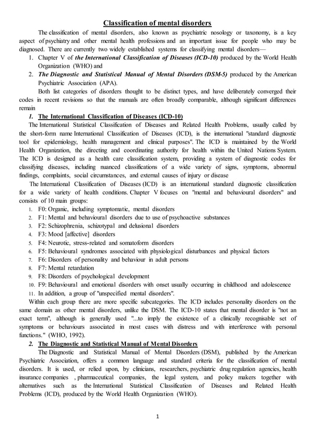 Classification Of Mental Disorders
