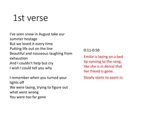 1st verse
I've seen snow in August take our
summer hostage
But we loved it every time
Putting life out on the line
Beautiful and nauseous laughing from
exhaustion
And I couldn't help but cry
I wish I could tell you why
I remember when you turned your
lights off
We were laying, trying to figure out
what went wrong
You were too far gone
0:11-0:50
Emilie is laying on a bed
lip-syncing to the song,
like she is in denial that
her friend is gone.
Slowly starts to zoom in.
 