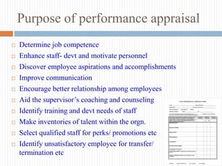 Purpose of performance appraisal
 Determine job competence
 Enhance staff- devt and motivate personnel
 Discover employee aspirations and accomplishments
 Improve communication
 Encourage better relationship among employees
 Aid the supervisor’s coaching and counseling
 Identify training and devt needs of staff
 Make inventories of talent within the orgn.
 Select qualified staff for perks/ promotions etc
 Identify unsatisfactory employee for transfer/
termination etc
 