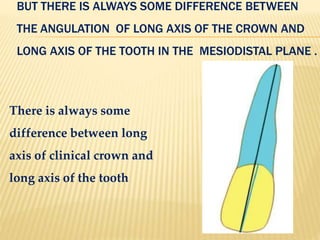 BUT THERE IS ALWAYS SOME DIFFERENCE BETWEEN
THE ANGULATION OF LONG AXIS OF THE CROWN AND
LONG AXIS OF THE TOOTH IN THE MESIODISTAL PLANE .
There is always some
difference between long
axis of clinical crown and
long axis of the tooth
 