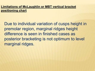 Limitations of McLaughlin or MBT vertical bracket
positioning chart
Due to individual variation of cusps height in
premolar region, marginal ridges height
difference is seen in finished cases as
posterior bracketing is not optimum to level
marginal ridges.
 
