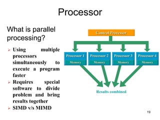 Processor
What is parallel
processing?
Control Processor
Processor 1
Memory
Processor 2
Memory
Processor 3
Memory
Processor 4
Memory
Results combined
 Using multiple
processors
simultaneously to
execute a program
faster
 Requires special
software to divide
problem and bring
results together
 SIMD v/s MIMD
19
 