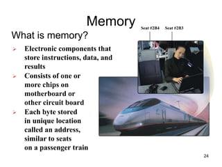 Memory
What is memory?
 Electronic components that
store instructions, data, and
results
 Consists of one or
more chips on
motherboard or
other circuit board
 Each byte stored
in unique location
called an address,
similar to seats
on a passenger train
Seat #2B4 Seat #2B3
24
 