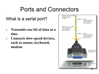 Ports and Connectors
What is a serial port?
 Transmits one bit of data at a
time
 Connects slow-speed devices,
such as mouse, keyboard,
modem
44
 