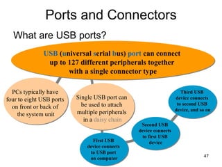 Third USB
device connects
to second USB
device, and so on
Second USB
device connects
to first USB
device
First USB
device connects
to USB port
on computer
Single USB port can
be used to attach
multiple peripherals
in a daisy chain
PCs typically have
four to eight USB ports
on front or back of
the system unit
Ports and Connectors
What are USB ports?
USB (universal serial bus) port can connect
up to 127 different peripherals together
with a single connector type
47
 
