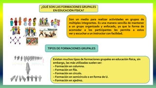 Son un medio para realizar actividades en grupos de
múltiples integrantes. Es una manera sencilla de mantener
a un grupo organizado y enfocado, ya que la forma de
acomodar a los participantes les permite a estos
ver y escuchar a un instructor con facilidad.
¿QUÉ SON LAS FORMACIONES GRUPALES
EN EDUCACIÓN FÍSICA?
TIPOS DE FORMACIONES GRUPALES
Existen muchos tipos de formaciones grupales en educación física, sin
embargo, las más utilizadas suelen ser:
– Formación en columna.
– Formación en fila.
– Formación en círculo.
– Formación en semicírculo o en forma de U.
– Formación en ajedrez.
 