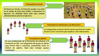 Se forma un círculo, el instructor puede o no estar
en el medio de esto para hablar o demostrar un
ejercicio. Es utilizada sobre todo para realizar
calentamientos previos al ejercicio.
Formación en círculo
Formación en semicírculo o en forma de U
Los integrantes se ubican de tal manera que formen medio
circulo o una U. Es bueno para explicar y dar indicaciones.
Es una combinación de la formación de columna y la
formación en fila. Los integrantes del grupo se ubican
para formar filas y columnas, justamente como un
tablero de ajedrez. Ideal para manejar grupos
numerosos.
Formación en ajedrez
 