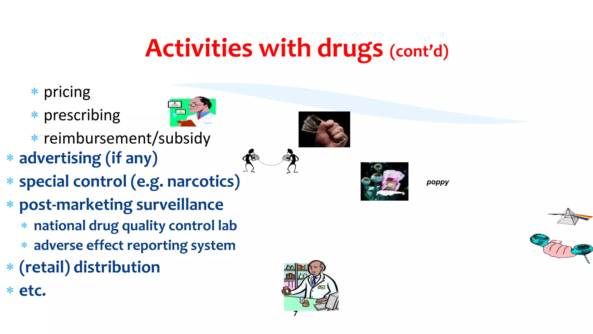 Activities with drugs (cont’d)
 pricing
 prescribing
 reimbursement/subsidy
 advertising (if any)
 special control (e.g. narcotics)
 post-marketing surveillance
 national drug quality control lab
 adverse effect reporting system
 (retail) distribution
 etc.
poppy
7
 