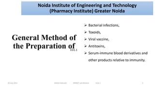 General Method of
the Preparation of
20 July 2021 Abhijit Debnath BP605T and Biotech Unit-1 2
 Bacterial infections,
 Toxoids,
 Viral vaccine,
 Antitoxins,
 Serum-immune blood derivatives and
other products relative to immunity.
CO1.1
Noida Institute of Engineering and Technology
(Pharmacy Institute) Greater Noida
 