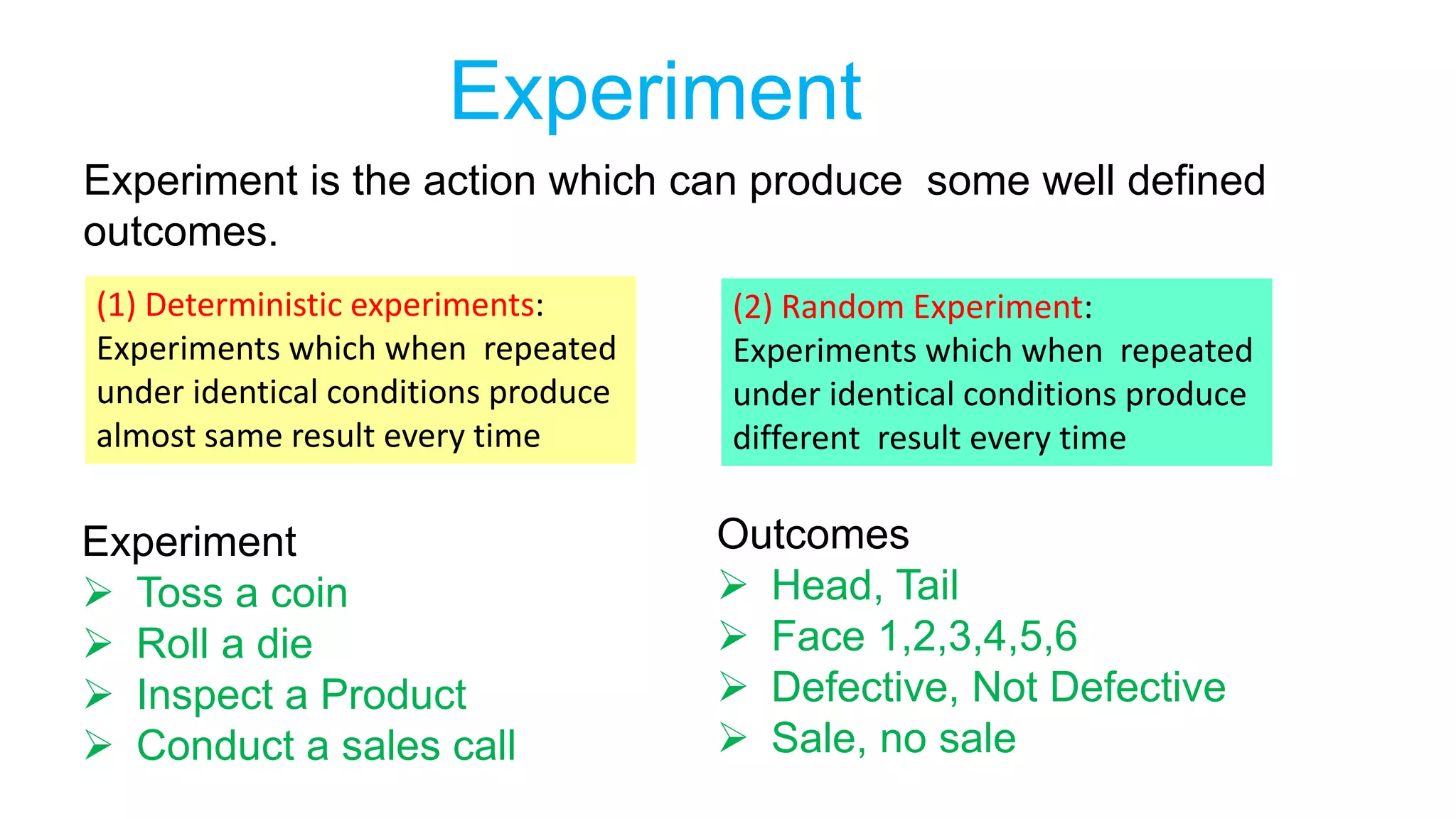 Experiment
Experiment is the action which can produce some well defined
outcomes.
Experiment
 Toss a coin
 Roll a die
 Inspect a Product
 Conduct a sales call
Outcomes
 Head, Tail
 Face 1,2,3,4,5,6
 Defective, Not Defective
 Sale, no sale
(1) Deterministic experiments:
Experiments which when repeated
under identical conditions produce
almost same result every time
(2) Random Experiment:
Experiments which when repeated
under identical conditions produce
different result every time
 