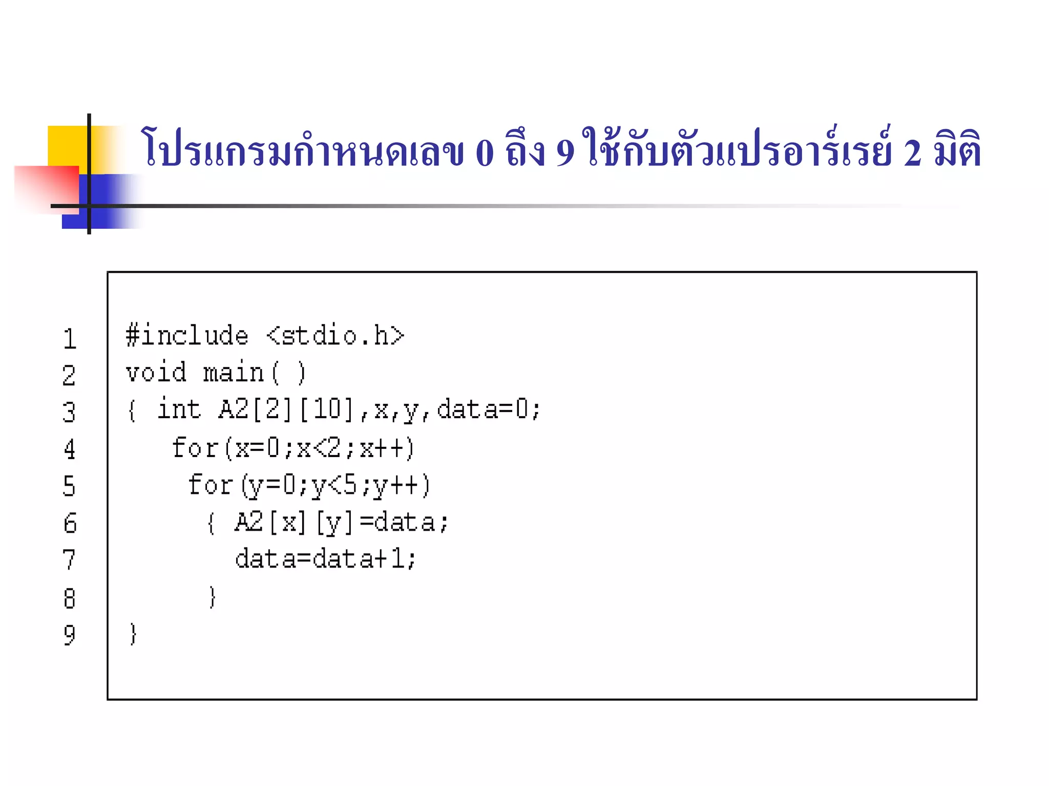 โปรแกรมกาหนดเลข 0 ถึง 9 ใช้กับตัวแปรอาร์เรย์ 2 มิติ
 