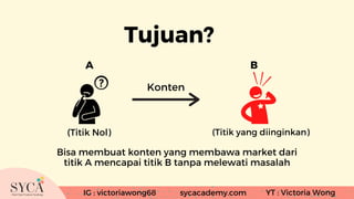 IG : victoriawong68 vikiwong.com YT : Victoria Wong
Tujuan?
Bisa membuat konten yang membawa market dari
titik A mencapai ...