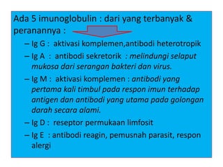 Ada 5 imunoglobulin : dari yang terbanyak &
peranannya :
– Ig G : aktivasi komplemen,antibodi heterotropik
– Ig A : antibodi sekretorik : melindungi selaput
mukosa dari serangan bakteri dan virus.
– Ig M : aktivasi komplemen : antibodi yang
pertama kali timbul pada respon imun terhadap
antigen dan antibodi yang utama pada golongan
darah secara alami.
– Ig D : reseptor permukaan limfosit
– Ig E : antibodi reagin, pemusnah parasit, respon
alergi
 