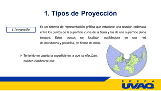 1. Tipos de Proyección
1.Proyección
Es un sistema de representación gráfica que establece una relación ordenada
entre los puntos de la superficie curva de la tierra y los de una superficie plana
(mapa). Estos puntos se localizan auxiliándose en una red
de meridianos y paralelos, en forma de malla.
 Teniendo en cuenta la superficie en la que se efectúan,
pueden clasificarse ene:
 