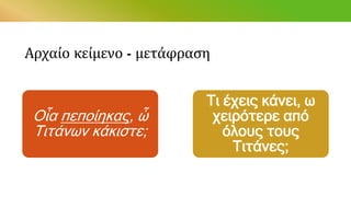 Αρχαίο κείμενο - μετάφραση
Οἷα πεποίηκας, ὦ
Τιτάνων κάκιστε;
Τι έχεις κάνει, ω
χειρότερε από
όλους τους
Τιτάνες;
 