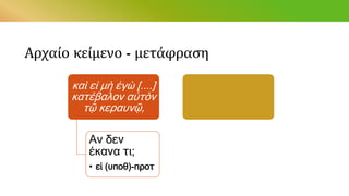 Αρχαίο κείμενο - μετάφραση
καὶ εἰ μὴ ἐγὼ [....]
κατέβαλον αὐτὸν
τῷ κεραυνῷ,
Αν δεν
έκανα τι;
• εἰ (υποθ)-προτ
 