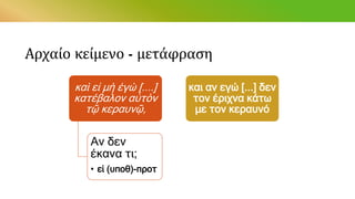 Αρχαίο κείμενο - μετάφραση
καὶ εἰ μὴ ἐγὼ [....]
κατέβαλον αὐτὸν
τῷ κεραυνῷ,
Αν δεν
έκανα τι;
• εἰ (υποθ)-προτ
και αν εγώ [...] δεν
τον έριχνα κάτω
με τον κεραυνό
 