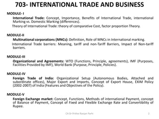 703- INTERNATIONAL TRADE AND BUSINESS
MODULE- I
International Trade: Concept, Importance, Benefits of International Trade,...