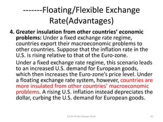 -------Floating/Flexible Exchange
Rate(Advantages)
4. Greater insulation from other countries’ economic
problems: Under a ...