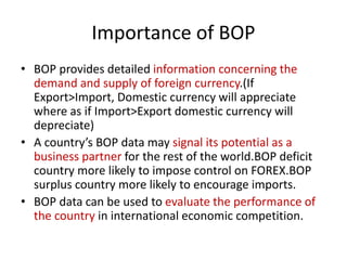 Importance of BOP
• BOP provides detailed information concerning the
demand and supply of foreign currency.(If
Export>Impo...