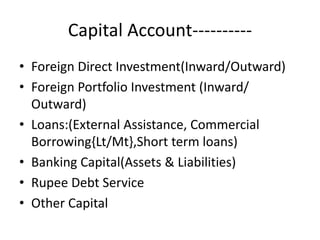 Capital Account----------
• Foreign Direct Investment(Inward/Outward)
• Foreign Portfolio Investment (Inward/
Outward)
• L...