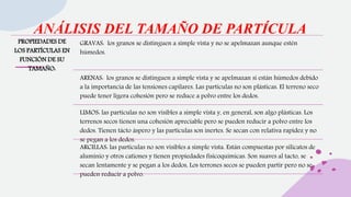 ANÁLISIS DEL TAMAÑO DE PARTÍCULA
PROPIEDADES DE
LOS PARTÍCULAS EN
FUNCIÓN DE SU
TAMAÑO:
GRAVAS: los granos se distinguen a simple vista y no se apelmazan aunque estén
húmedos.
ARENAS: los granos se distinguen a simple vista y se apelmazan si están húmedos debido
a la importancia de las tensiones capilares. Las partículas no son plásticas. El terreno seco
puede tener ligera cohesión pero se reduce a polvo entre los dedos.
LIMOS: las partículas no son visibles a simple vista y, en general, son algo plásticas. Los
terrenos secos tienen una cohesión apreciable pero se pueden reducir a polvo entre los
dedos. Tienen tácto áspero y las partículas son inertes. Se secan con relativa rapidez y no
se pegan a los dedos.
ARCILLAS: las partículas no son visibles a simple vista. Están compuestas por silicatos de
aluminio y otros cationes y tienen propiedades físicoquímicas. Son suaves al tacto, se
secan lentamente y se pegan a los dedos, Los terrones secos se pueden partir pero no se
pueden reducir a polvo.
 