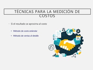 TÉCNICAS PARA LA MEDICIÓN DE
COSTOS
• Si el resultado se aproxima al costo
• Método de costo estándar
• Método de ventas al detalle
 