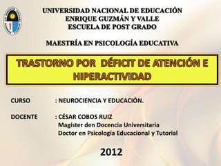 CURSO : NEUROCIENCIA Y EDUCACIÓN.
DOCENTE : CÉSAR COBOS RUIZ
Magíster den Docencia Universitaria
Doctor en Psicología Educacional y Tutorial
2012
 