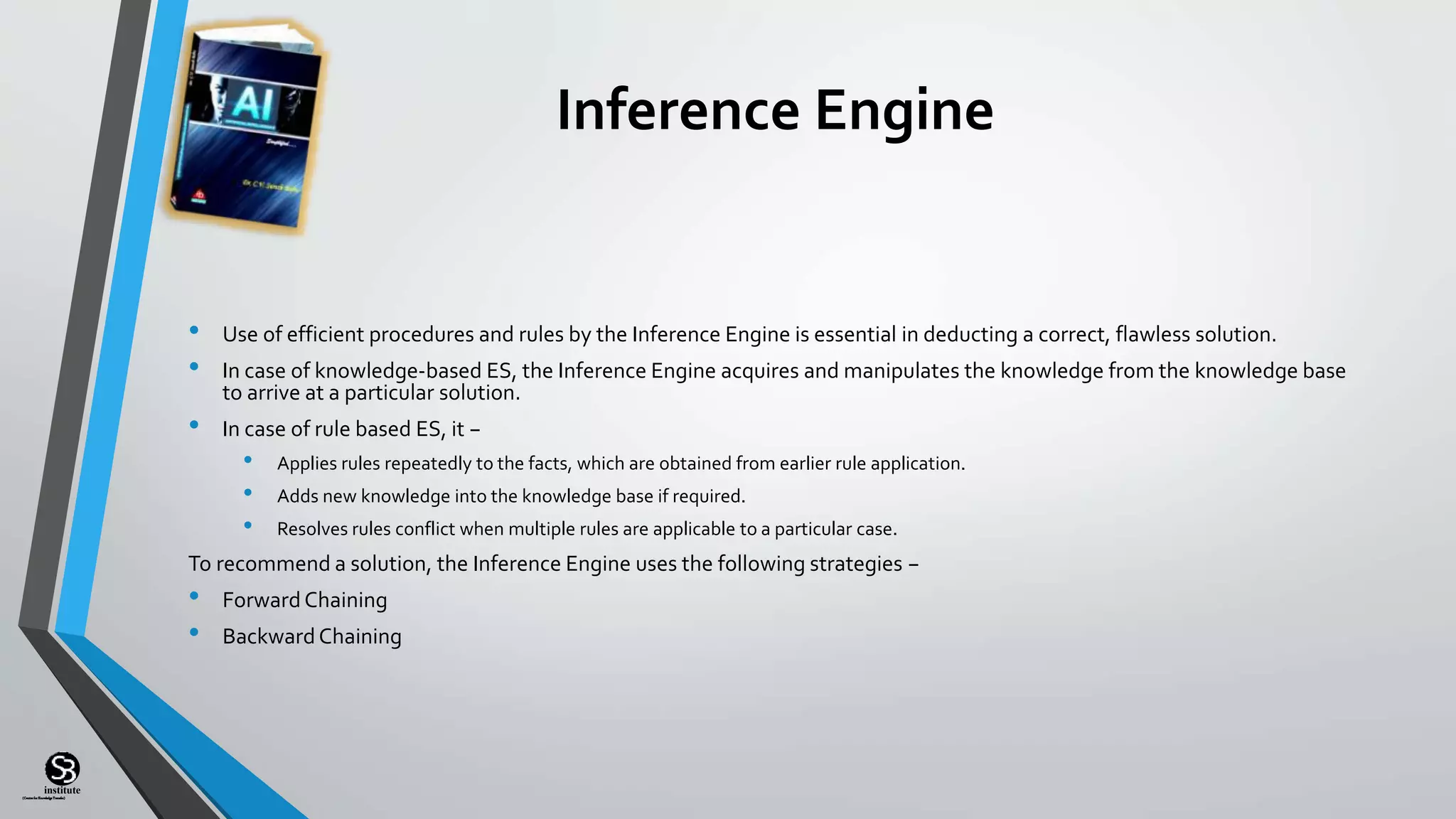 (CentreforKnowledgeTransfer)
institute
Inference Engine
• Use of efficient procedures and rules by the Inference Engine is essential in deducting a correct, flawless solution.
• In case of knowledge-based ES, the Inference Engine acquires and manipulates the knowledge from the knowledge base
to arrive at a particular solution.
• In case of rule based ES, it −
• Applies rules repeatedly to the facts, which are obtained from earlier rule application.
• Adds new knowledge into the knowledge base if required.
• Resolves rules conflict when multiple rules are applicable to a particular case.
To recommend a solution, the Inference Engine uses the following strategies −
• Forward Chaining
• BackwardChaining
 