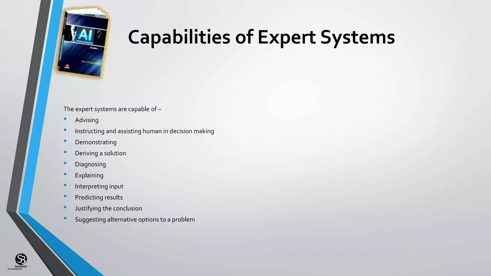 (CentreforKnowledgeTransfer)
institute
Capabilities of Expert Systems
The expert systems are capable of −
• Advising
• Instructing and assisting human in decision making
• Demonstrating
• Deriving a solution
• Diagnosing
• Explaining
• Interpreting input
• Predicting results
• Justifying the conclusion
• Suggesting alternative options to a problem
 