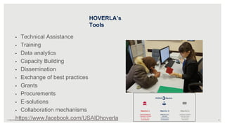 6
HOVERLA’s
Tools
11/09/2021
• Technical Assistance
• Training
• Data analytics
• Capacity Building
• Dissemination
• Exchange of best practices
• Grants
• Procurements
• E-solutions
• Collaboration mechanisms
https://www.facebook.com/USAIDhoverla
 