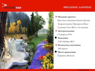 ВВОДНЫЕ ДАННЫЕ Название проекта:  Цикловое совещание Бизнес Группы Безрецептурных Препаратов  Bayer Consumer Care  ( BCC ): «12 месяцев» Дата реализации:  1-6  февраля   2010 Компания:   ЗАО «Байер»,  BCC Количество участников: 400 персон  Место проведения:   Германия, Мюнхен 