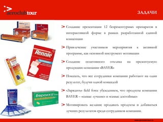 ЗАДАЧИ Создание презентации 12 безрецептурных препаратов в интерактивной форме в рамках разработанной единой концепции  Привлечение участников мероприятия к активной программе, как основной инструмент мотивации Создание позитивного отклика на презентуемую продукцию компании « BAYER » Показать, что все сотрудники компании работают на один результат, будучи одной командой «Зарядить»  field force  убеждением, что продукты компании  BAYER  – «самые лучшие» и «самые достойные» Мотивировать желание продавать продукты и добиваться лучших результатов среди сотрудников компании.  