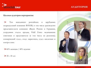 АУДИТОРИЯ Целевая аудитория мероприятия:  Топ менеджмент российских и зарубежных подразделений компании  BAYER , в том числе руководство представительств компании « Bayer »   России и Германии,   сотрудники отдела продаж,  Field Force : медицинские советники и представители (в том числе из регионов); коммерческий отдел, отдел маркетинга, отдел аналитики и контроллинг. 60% женщин / 40% мужчин 30 – 45 лет 