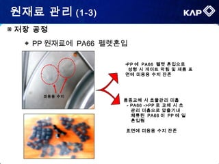 ▣ 저장 공정
원재료 관리 (1-3)
◈ PP 원재료에 PA66 펠렛혼입
미용융 수지
•PP 에 PA66 펠렛 혼입으로
성형 시 게이트 막힘 및 제품 표
면에 미용융 수지 잔존
품종교체 시 초물관리 미흡
- PA66 ->PP 로 교체 시 초
관리 미흡으로 압출기내
체류된 PA66 이 PP 에 일
혼입됨
표면에 미용융 수지 잔존
 