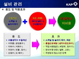 설비 관리
제균제균 (( 除菌除菌 ))
레지오넬라레지오넬라 &&
미생물제거미생물제거
품질향상품질향상
저비용저비용
수질개선수질개선
스케일스케일 &&
슬러지제거슬러지제거
효 과효 과
◆◆ 스케일 및 슬러지 제거스케일 및 슬러지 제거 ,, 제균제균
◇◇ 품질산포예방품질산포예방 (( 냉각수온도유지냉각수온도유지 ))
◇◇ 직접 비용절감직접 비용절감 (( 세정제세정제 ,, 정수기정수기 ))
◇◇ 장비수명 연장장비수명 연장 (( 열화열화 ,, 고장고장 ))
◇◇ 주변장치 청소시간 단축주변장치 청소시간 단축
용 도용 도
◆◆ 사출냉각수 수질개선사출냉각수 수질개선
◇◇ 수돗물수돗물 (( 공업용수공업용수 ))
◇◇ 지하수지하수 (( 석회수석회수 ))
◇◇ 자연수자연수 (( 빗물빗물 ,, 담수담수 ))
◇◇ 오염수오염수 (( 오 폐수오 폐수 ))
▣ 용도 및 적용효과용도 및 적용효과
 