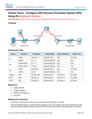 © 2014 Cisco and/or its affiliates. All rights reserved. This document is Cisco Public. Page 1 of 5
Packet Tracer - Configure IOS Intrusion Prevention System (IPS)
Using CLI (Instructor Version)
Instructor Note: Red font color or Gray highlights indicate text that appears in the instructor copy only.
Topology
Addressing Table
Device Interface IP Address Subnet Mask Default Gateway Switch Port
R1
Fa0/0 192.168.1.1 255.255.255.0 N/A S1 Fa0/1
S0/0/0 10.1.1.1 255.255.255.252 N/A N/A
R2
S0/0/0 (DCE) 10.1.1.2 255.255.255.252 N/A N/A
S0/0/1 (DCE) 10.2.2.2 255.255.255.252 N/A N/A
R3
Fa0/0 192.168.3.1 255.255.255.0 N/A S3 Fa0/1
S0/0/0 10.2.2.1 255.255.255.252 N/A N/A
Syslog NIC 192.168.1.50 255.255.255.0 192.168.1.1 S1 Fa0/2
PC-A NIC 192.168.1.2 255.255.255.0 192.168.1.1 S1 Fa0/3
PC-C NIC 192.168.3.2 255.255.255.0 192.168.3.1 S3 Fa0/2
Objectives
 Enable IOS IPS.
 Configure logging.
 Modify an IPS signature.
 Verify IPS.
Background / Scenario
Your task is to enable IPS on R1 to scan traffic entering the 192.168.1.0 network.
The server labeled Syslog is used to log IPS messages. You must configure the router to identify the syslog
server to receive logging messages. Displaying the correct time and date in syslog messages is vital when
 
