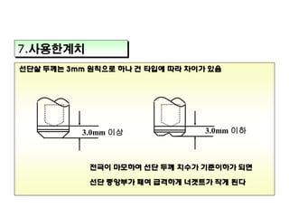 7.사용한계치
선단살 두께는 3mm 원칙으로 하나 건 타입에 따라 차이가 있음

3.0mm 이상

3.0mm 이하

전극이 마모하여 선단 두께 치수가 기준이하가 되면
선단 중앙부가 패여 급격하게 너겟트가 작게 된다

 