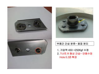 부품간 간섭 분류- 용접 분리
1. 가압력 450→250Kgf 수정
2. T너트 R 형상 간섭- 단품수정
Hole 0.2Ǿ 확장

 