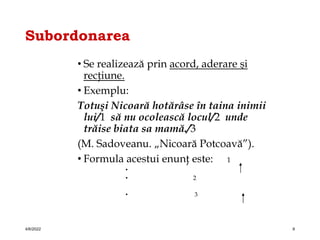 Subordonarea
• Se realizează prin acord, aderare şi
recţiune.
• Exemplu:
Totuşi Nicoară hotărâse în taina inimii
lui/1 să nu ocolească locul/2 unde
trăise biata sa mamă./3
(M. Sadoveanu. „Nicoară Potcoavă”).
• Formula acestui enunţ este: 1
•
• 2
• 3
4/6/2022 9
 